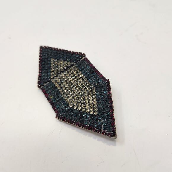 Roxanne Assoulin Geometric Brooch Pin Rhinestone Red Green Clear Art Deco Style - Picture 3 of 6